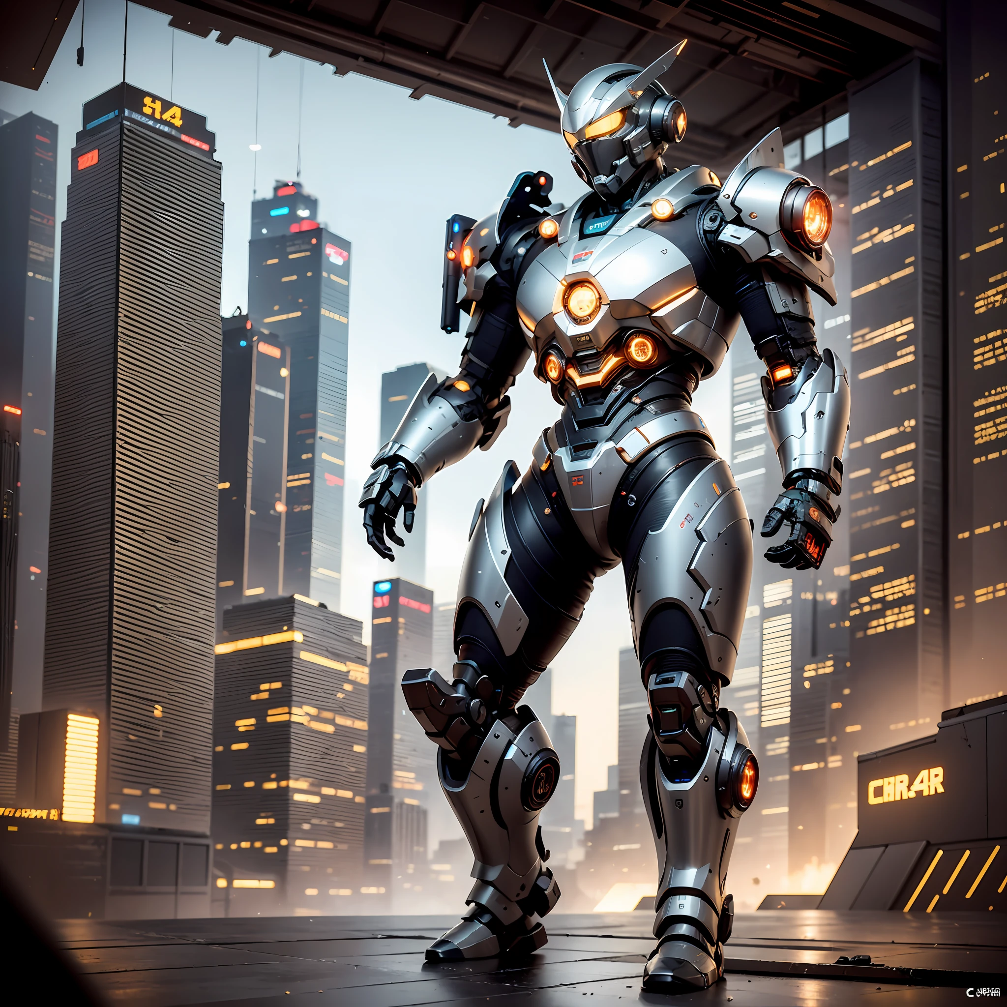 A mech warrior，Background cyberpunk，Best picture quality，High chiaroscuro，Cinematic texture，C4D render，Sharpen 1.4，Strong realism，The metal material is real，High detail and ultra-high image quality1.5，16K resolution，with light glowing，Lots of gaps