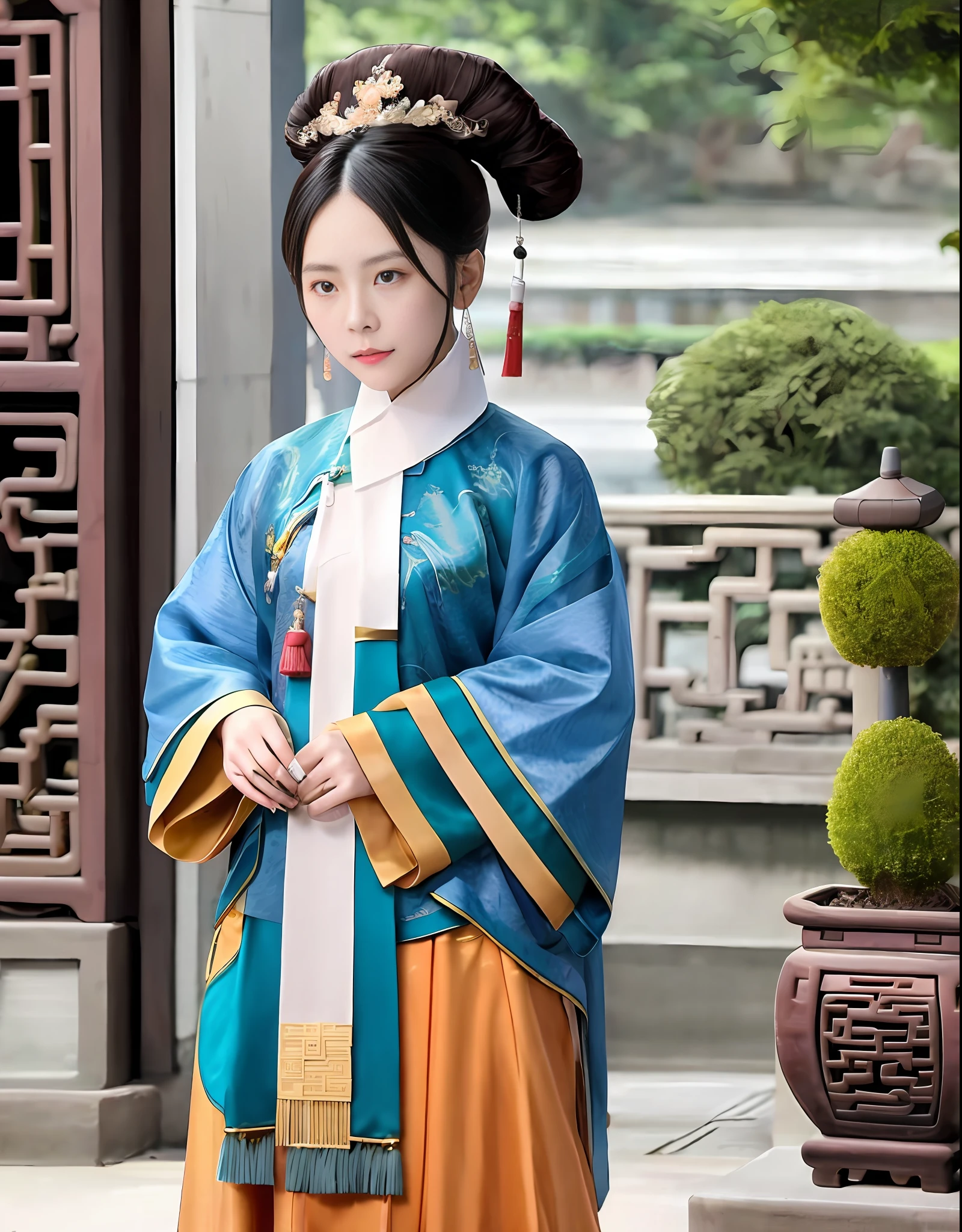 Arad woman in blue and orange dress standing in front of the building, Palace ， A girl in Hanfu, Wearing ancient Chinese clothes, Hanfu, with acient chinese clothes, Traditional Chinese clothing, Chinese costume, wearing ornate silk clothes, traditional tai costume, Traditional clothing, traditional garb, Princesa chinesa antiga, inspired by Gu An, Chinese traditional