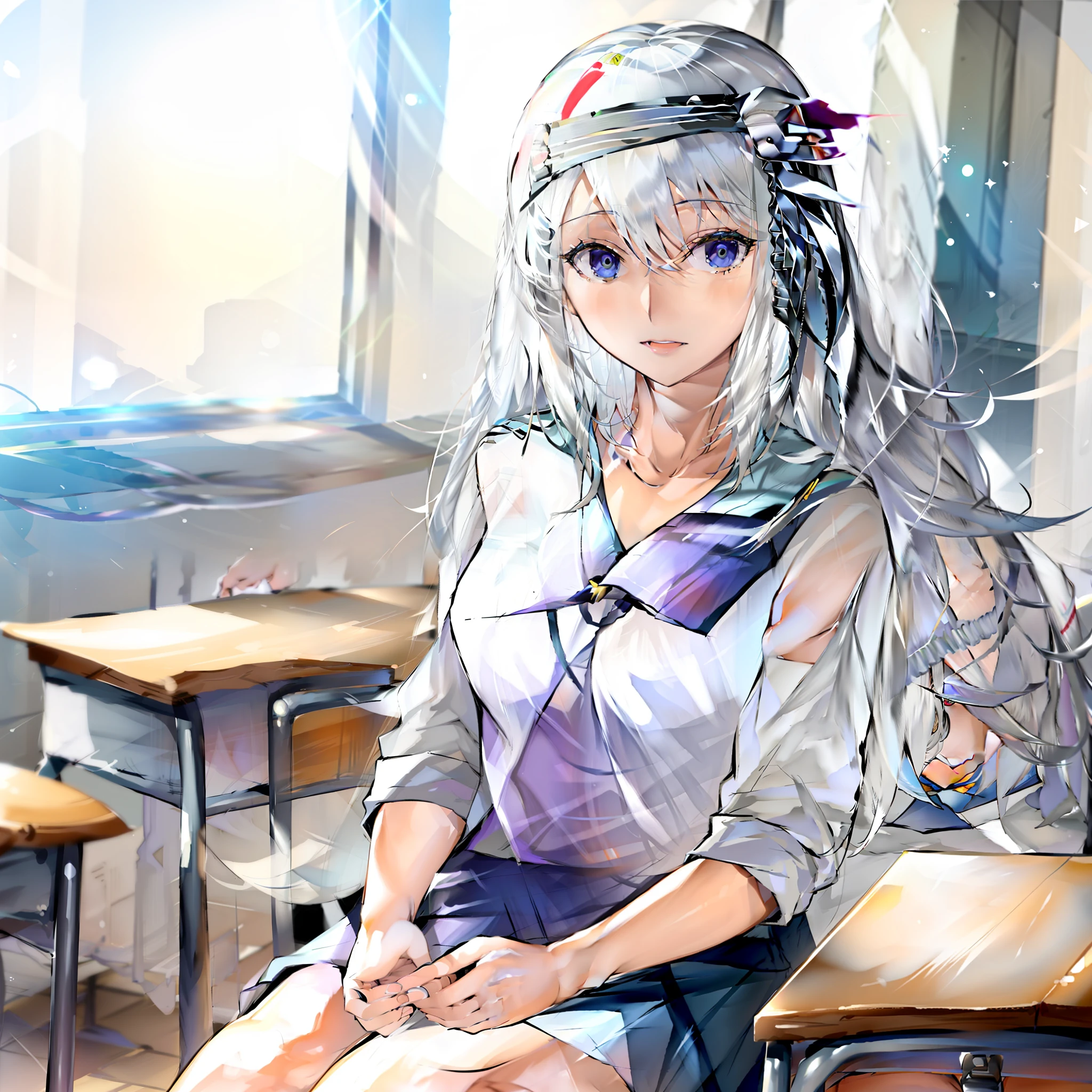 Anime girl sitting at table in classroom with window, Beautiful Anime High School Girls, Surrealism female students, Surrealism female students, Smooth anime CG art, seductive anime girls, Realistic schoolgirl, attractive anime girls, Beautiful anime girl, cyber school girl, anime visual of a cute girl, Perfect white haired girl, from girls frontline