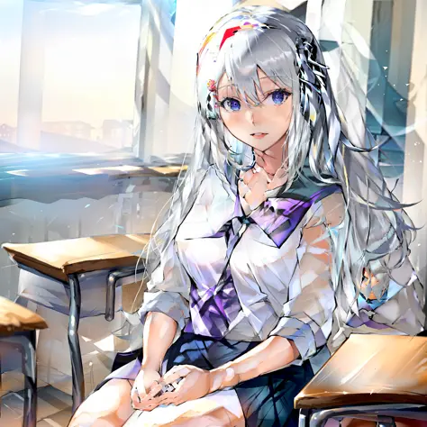 Anime girl sitting at table in classroom with window, Beautiful Anime High School Girls, Surrealism female students, Surrealism ...