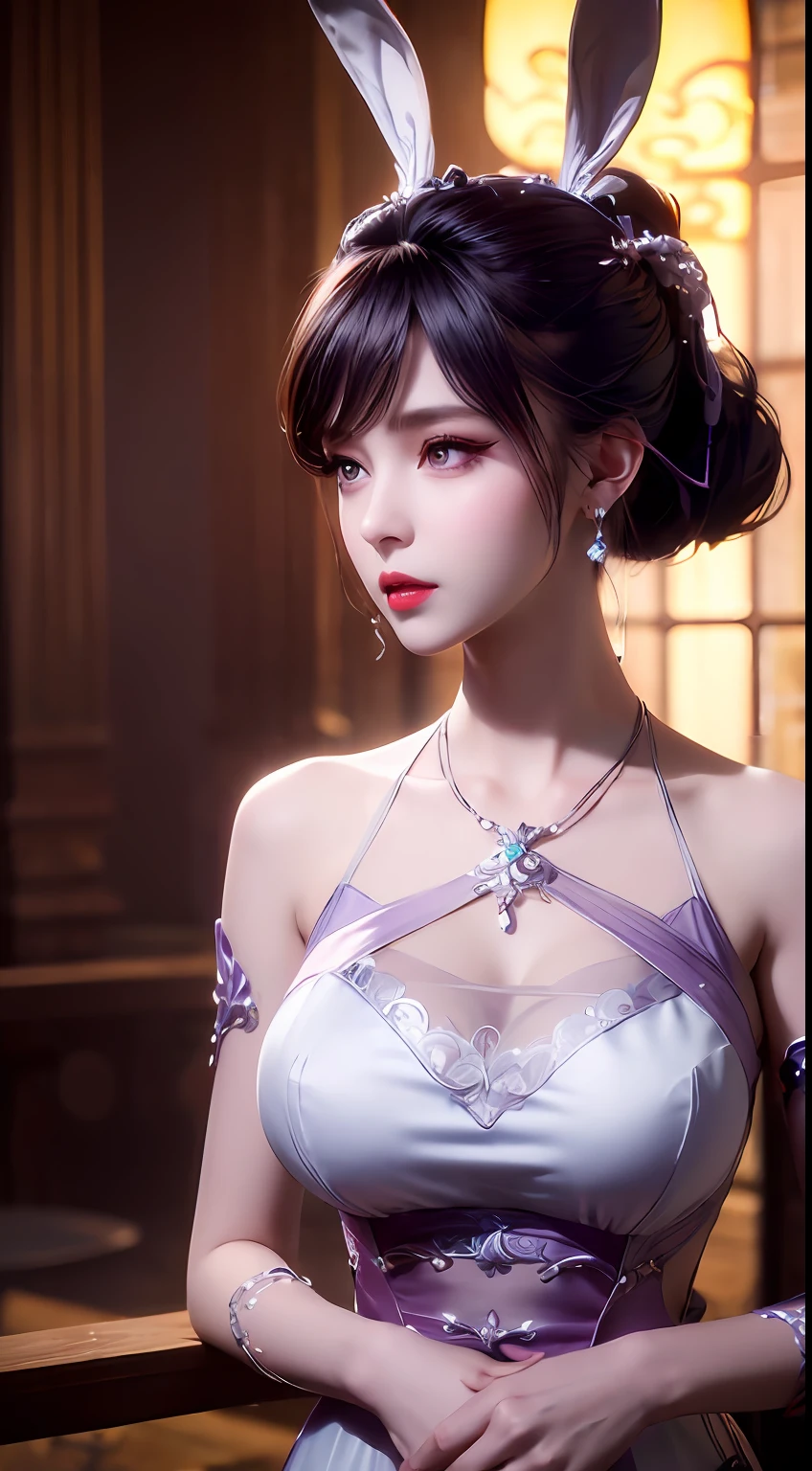 1 beautiful girl in Han costume, thin purple silk shirt with many white motifs, white lace top, long silver-purple ponytail, gorgeous hair jewelry, earring jewelry, purple rabbit ears pale, necklace jewelry, big purple eyes meticulously drawn, meticulous makeup, thin eyebrows, high nose, pretty red lips, no smile, pursed lips, rosy cheeks, enlarged breasts, huge breasts, round a well-proportioned, slim waist, purple mesh socks, Chinese hanfu style, fictional art textures, vivid and realistic colors, RAW photos, real photos, ultra high quality 8k surreal photos, ( magic light effect: 1.8), 10x pixels, magic effect (background): 1.8), super detailed eyes, girl portrait, girl alone, ancient hanfu background, 8k quality, UHD, HDR10, super sharp, the most detailed and clear picture, bright colors, even lighting, detailed dark background,