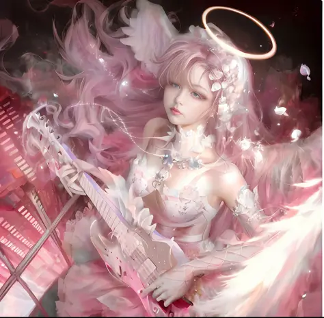 close-up of a woman holding a guitar and angel wings, ethereal anime, anime fantasy illustration, guviz, anime fantasy artwork, ...