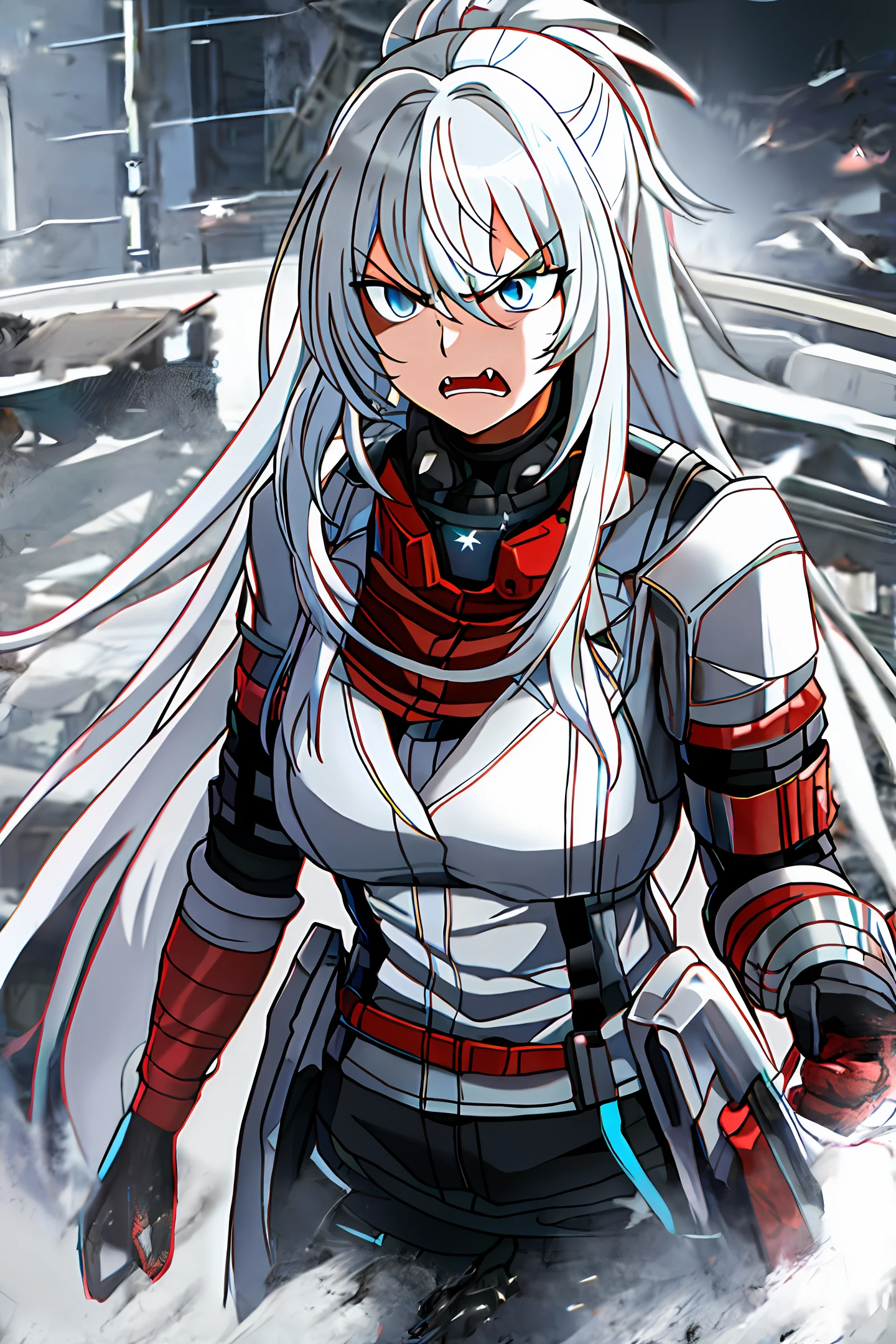 Anime girl with white hair and red gloves walking in the snow - SeaArt AI