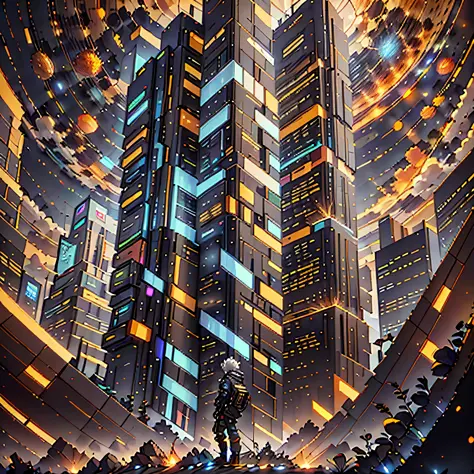 High Picture Quality(1.2)，4K picture quality(1.37)，Futuristic city night view。Boy wearing black metal jacket on city building ro...