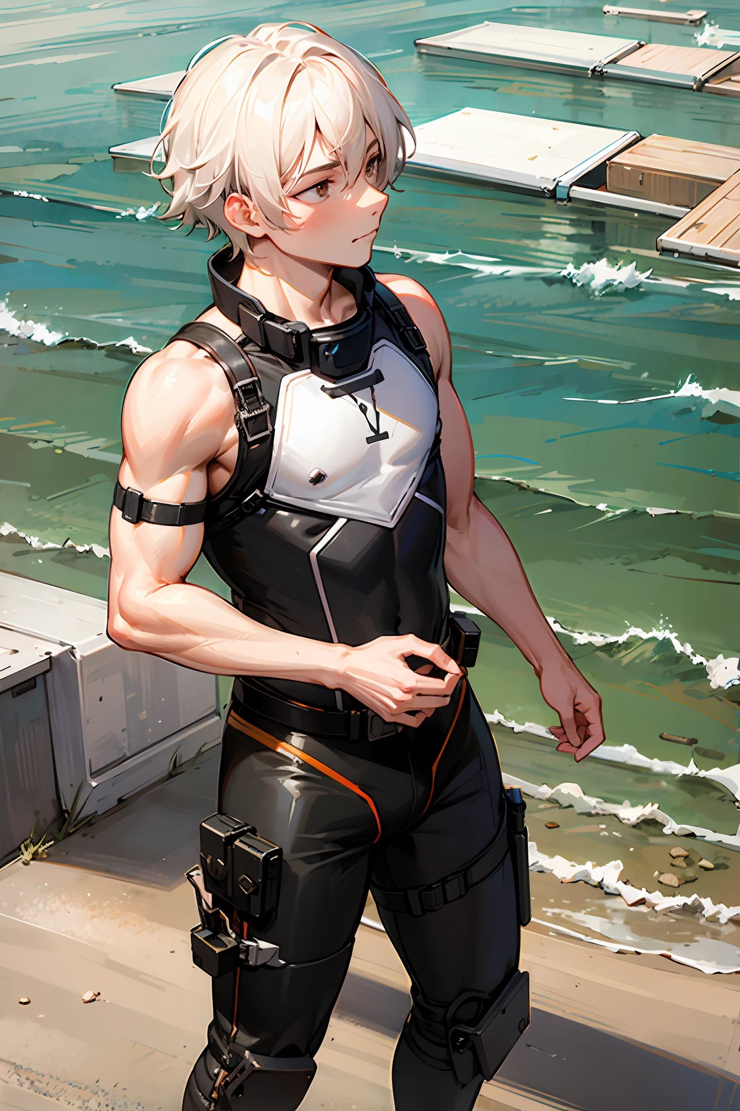 Anime - style image of a man in a wetsuit walking on a beach - SeaArt AI