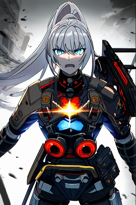 Anime girl, long white gray hair, muscle, blue eyes, taller, military suit sci fi, tactical, riot shield, very angry, evil, dirt...