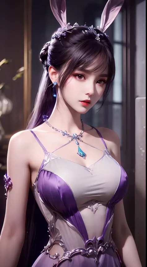1 extremely beautiful girl in hanfu dress, thin purple silk shirt with many white motifs, white lace top, long purple platinum p...