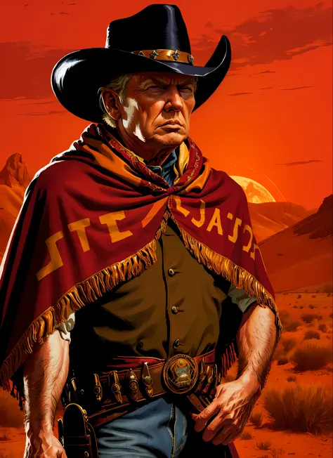 R3DD34Dstyle, pintura digital, Donald Trump, cowboy hat, (poncho marrom brilhante:1.3), no deserto, (red skies:1.3)