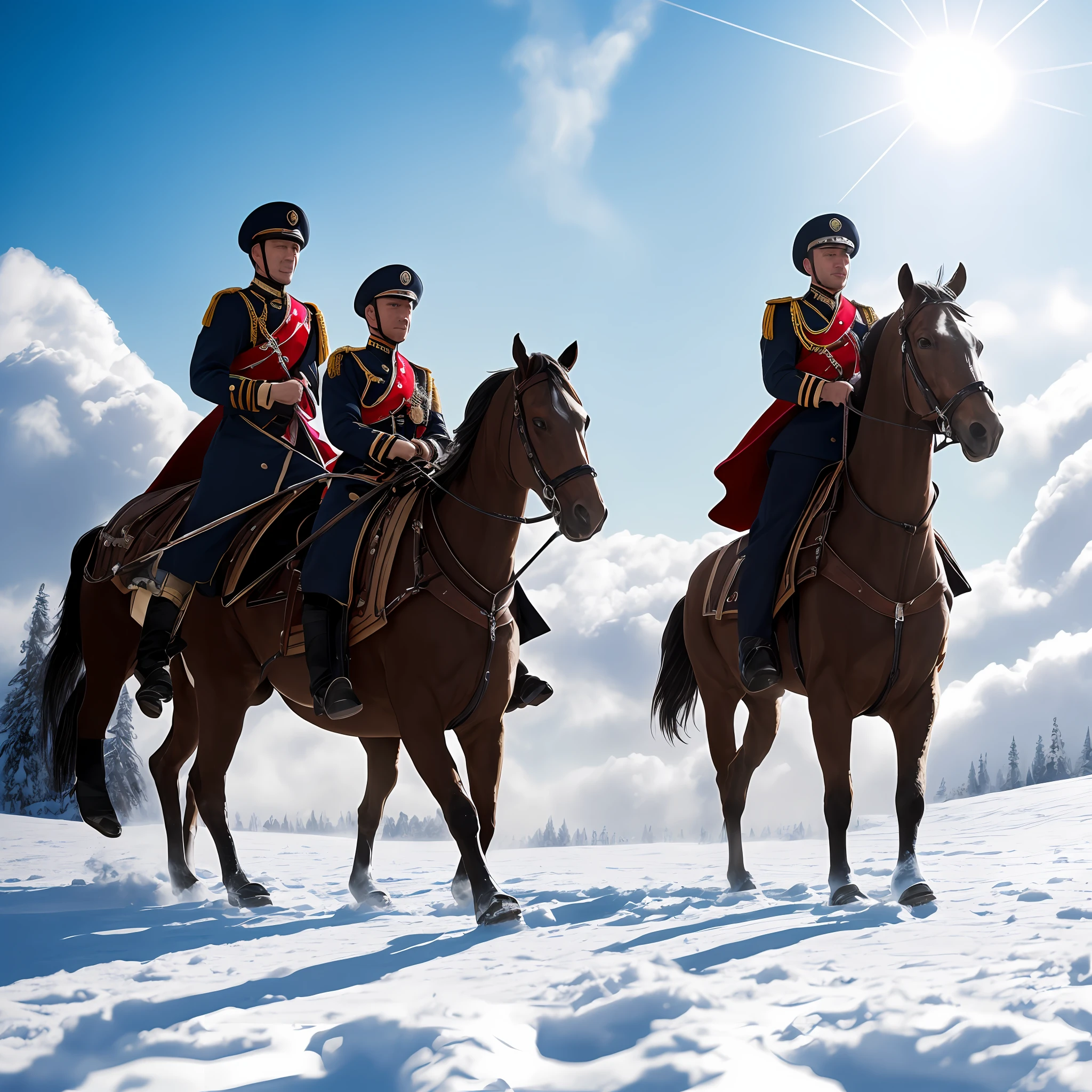 There are two men riding horses in the snow on a sunny day - SeaArt AI