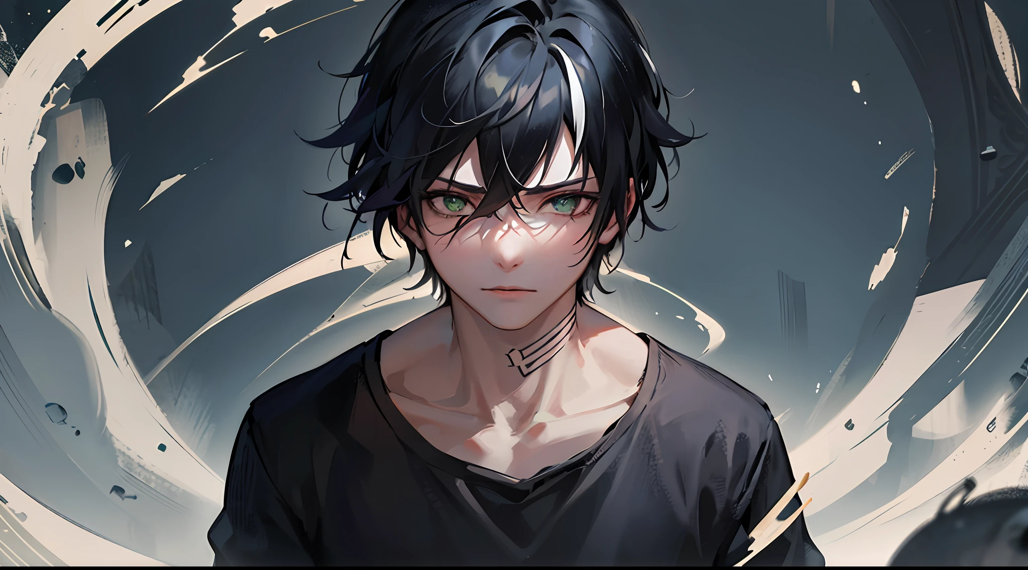 anime, boy, a young male with striking features. He has messy black hair and a prominent white streak that runs through his hair. His body is lean and defined, reflecting his active lifestyle. His eyes are intensely green, conveying a mysterious and captivating aura. He wears a black top, adding a rebellious and casual touch to his appearance, combined with a white shirt, giving him a certain air of elegance. This character has a unique personality, with a mix of mystery and charm that makes him interesting and engaging for viewers. --auto --s2