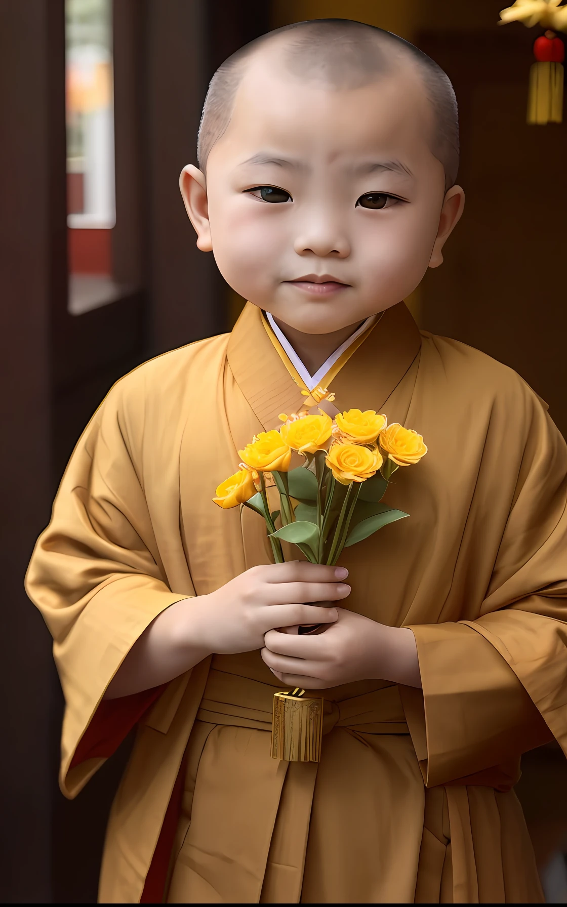 little monks，An Asian boy in a robe holds a Buddha bead, Buddhist, buddhist monk, monk clothes, Holding flowers, with yellow cloths,, wearing brown robes,, Serene expression, Traditional Chinese clothing, Yellow robe,  stockphoto, Cute boy, dressed in simple robes