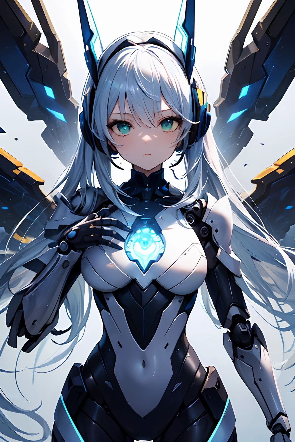 top quality, Masterpiece, fine detail, ultra precision, very delicate 8k wallpaper, robot girl, (long blue hair), (white mechanical armor), (green eyes), (machine sharp headgear), (Mechanical wings attached to shoulders), The glowing core in the middle of my chest, (mechanical joints), (five fingers, 4fingers and 1thumb),