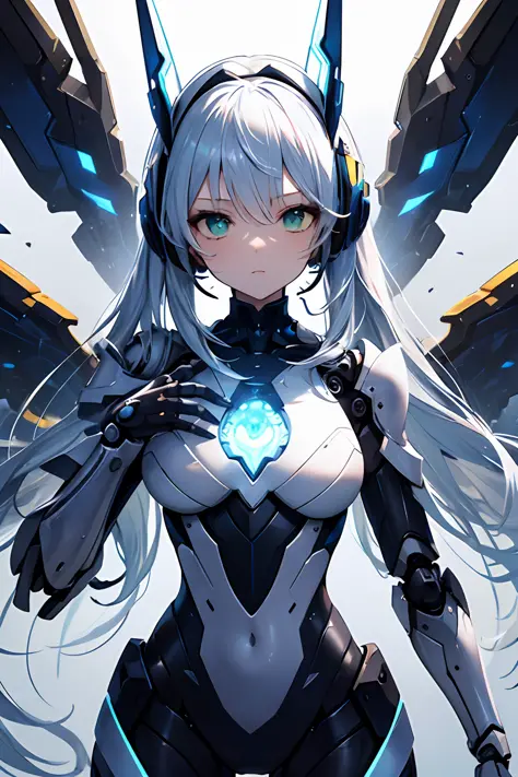 top quality, Masterpiece, fine detail, ultra precision, very delicate 8k wallpaper, robot girl, (long blue hair), (white mechani...