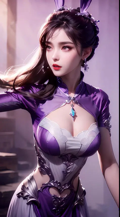 1 very beautiful girl in hanfu dress, thin purple silk shirt with many white motifs, white lace top, long bangs and long ponytai...
