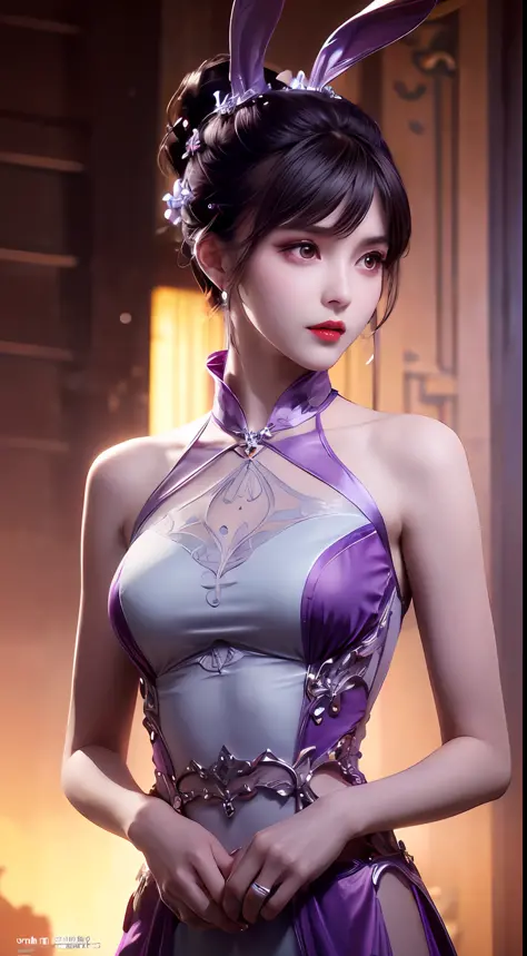 1 very beautiful girl in hanfu dress, thin purple silk shirt with many white motifs, white lace top, long bangs and long ponytai...