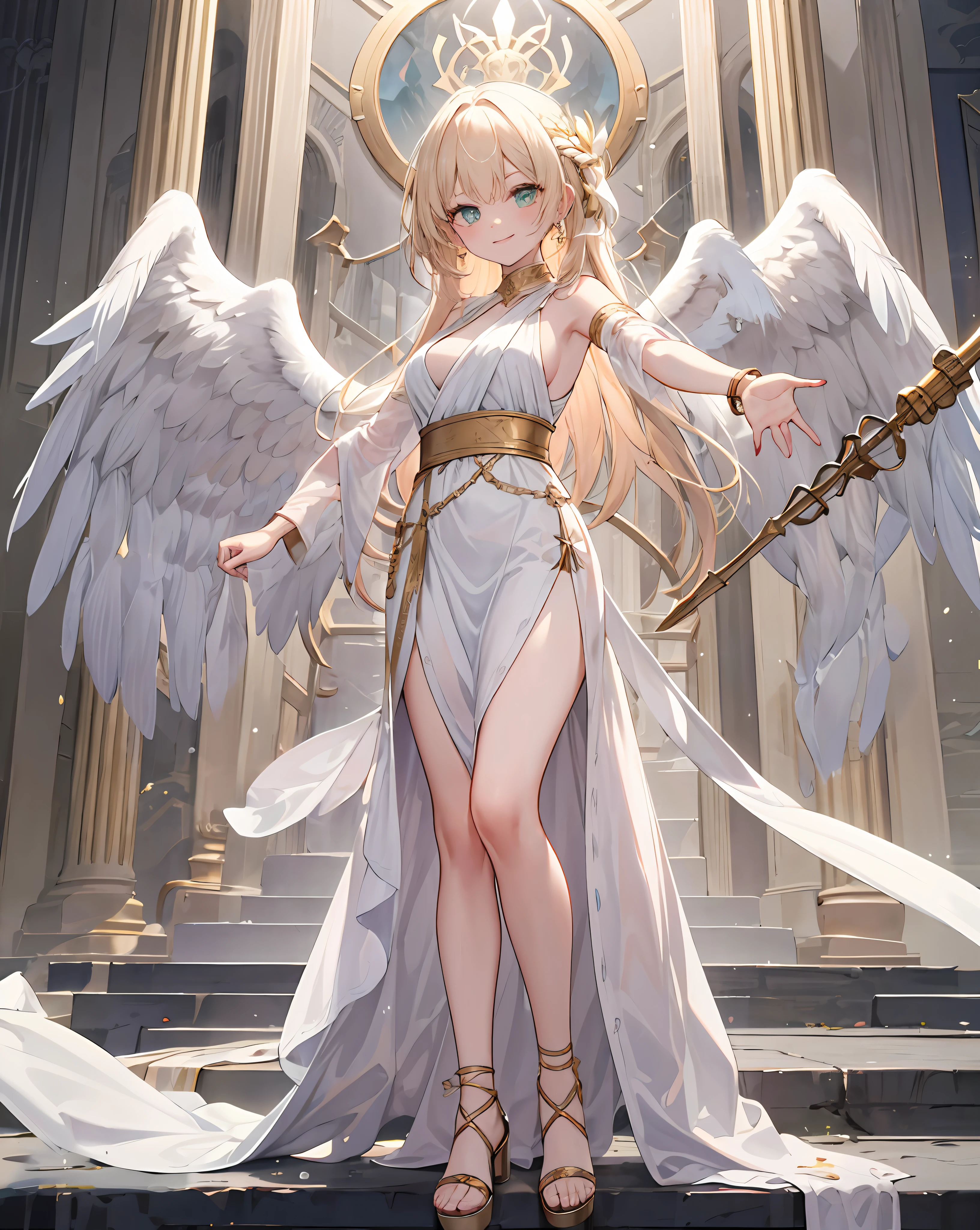 Anime angel girl with a sword and wings standing on a platform - SeaArt AI