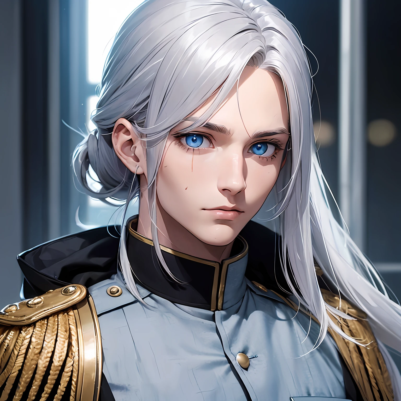 German man in military uniform，Long silver hair tied into a ponytail，eBlue eyes，Alienated eyes，There is a scar under the right eye，realistic sense，Raised sexy，high end，tmasterpiece --auto