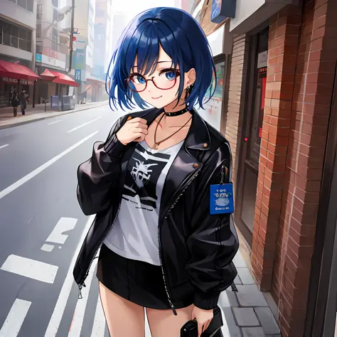 there is a woman with a black jacket and glasses on a street, wearing cyberpunk leather jacket, anime style mixed with fujifilm,...