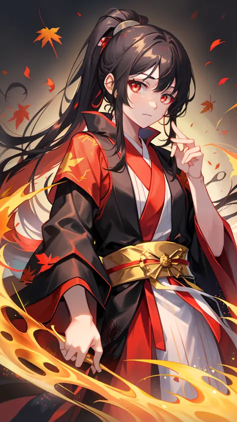 cool guy，robe，Hanfu，Red gradient eyes，High ponytail，Long dark hair，floated hair，Black and red period costume，Dragon-patterned ba...