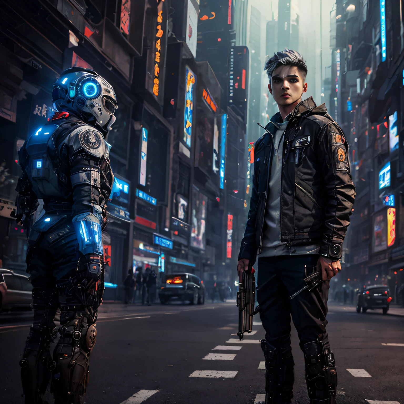 4k画质（x1.37），Futuristic city night view。high-angle，Boy in black metal jacket（x1.24），with short white hair，The facial features are exquisite and perfect。in the background，Futuristic cars passing by the street，Neon lights flashing over black buildings，Present a spectacular scene。Boy with gun standing next to a huge armored machine，Looking up at the perspective。The main colors are black and blue，It looks particularly bright（x1.1）