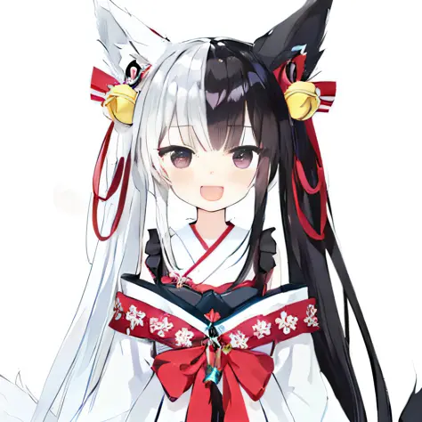 Anime girl with long black hair and white dress with red bow, anime girl with cat ears, Very beautiful anime cat girl, beautiful...