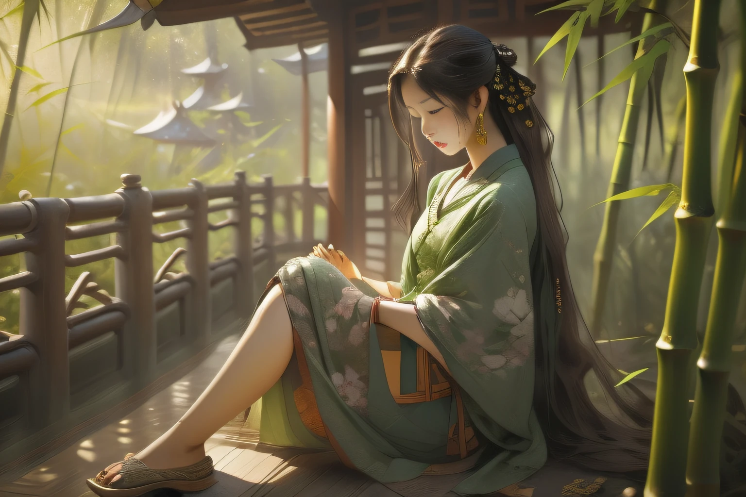 {National style series medium view}:In the bamboo forest，A girl sits sideways in the gazebo，On his leg is a guqin。She wore a long green dress，Long hair casually draped over the shoulders。