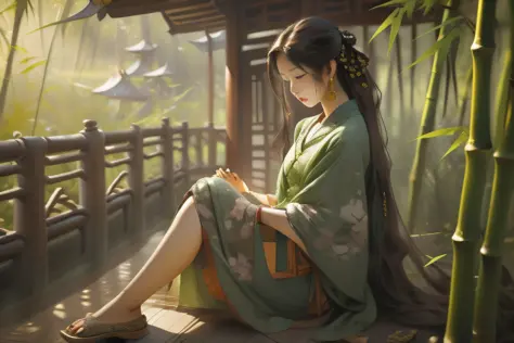 {National style series medium view}:In the bamboo forest，A girl sits sideways in the gazebo，On his leg is a guqin。She wore a lon...
