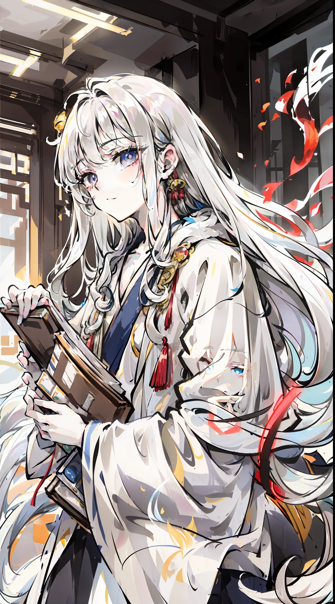 cool guy，Light white robe，white hanfu，Pale hair，Gray-white gradient eyes，long and flowing hair，Have a book in hand，Knowledgeable，Yanjiang background