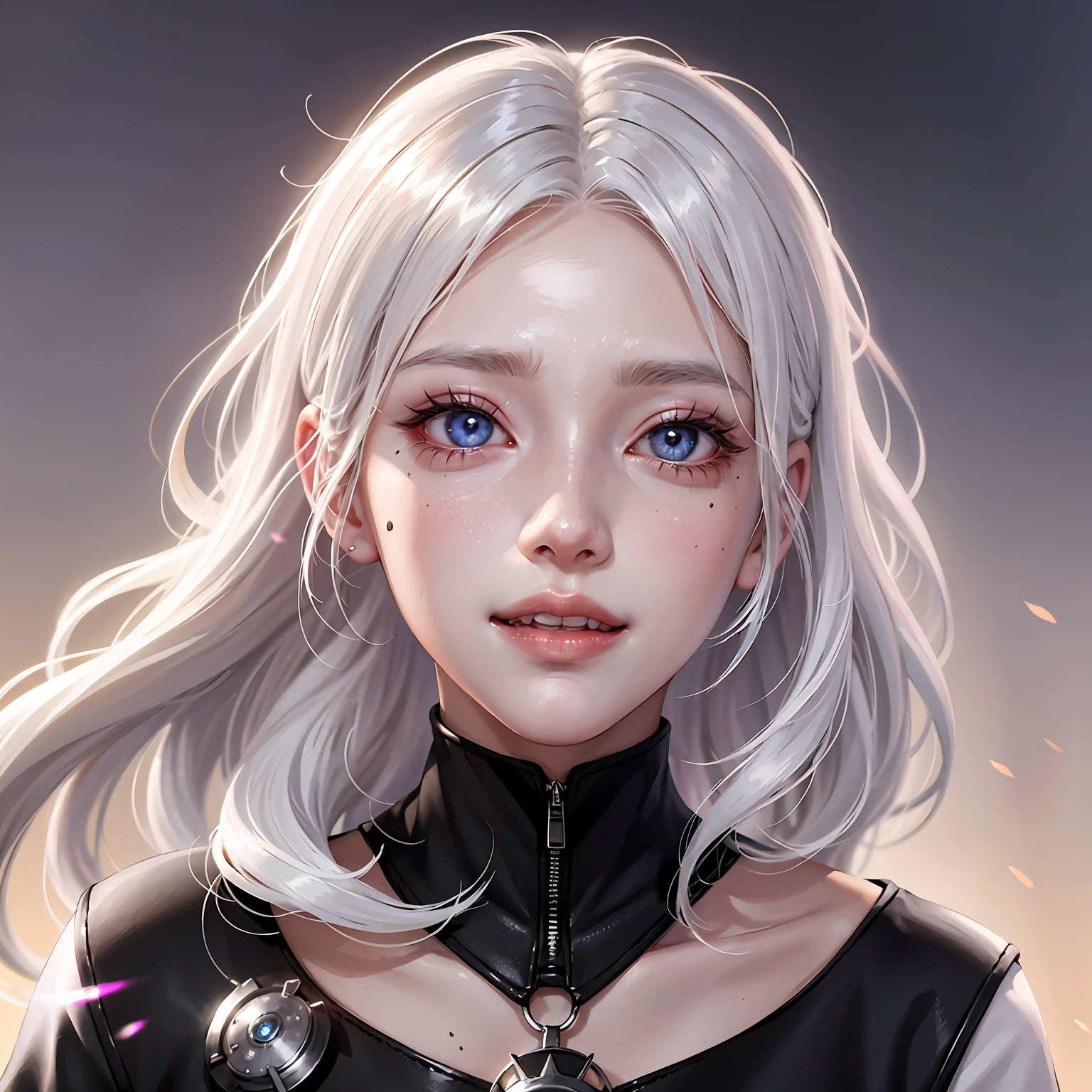 silver hair, long hair, hair strand, mole under eye, hollow eyes, earrings, evil smile, anime, UHD, 16k --auto