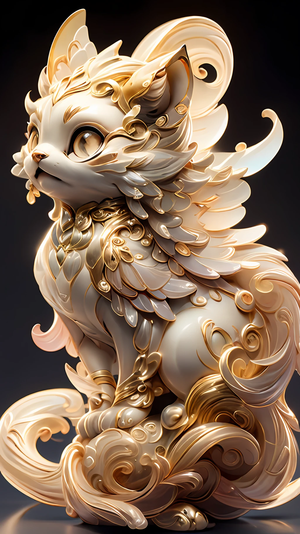 in the shape of a cat，Bling background，Dreamy colors，Transparent statue，florals，Big eyes，golden colored，Open-mouthed，laughingly，tmasterpiece，（best qualtiy：1.3）， full bodyesbian，Ling_Long