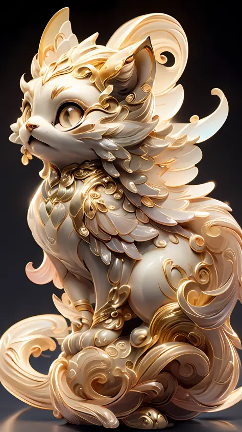 in the shape of a cat，bling background，dreamy colors，transparent statue，florals，big eyes，golden colored，open-mouthed，laughingly，...