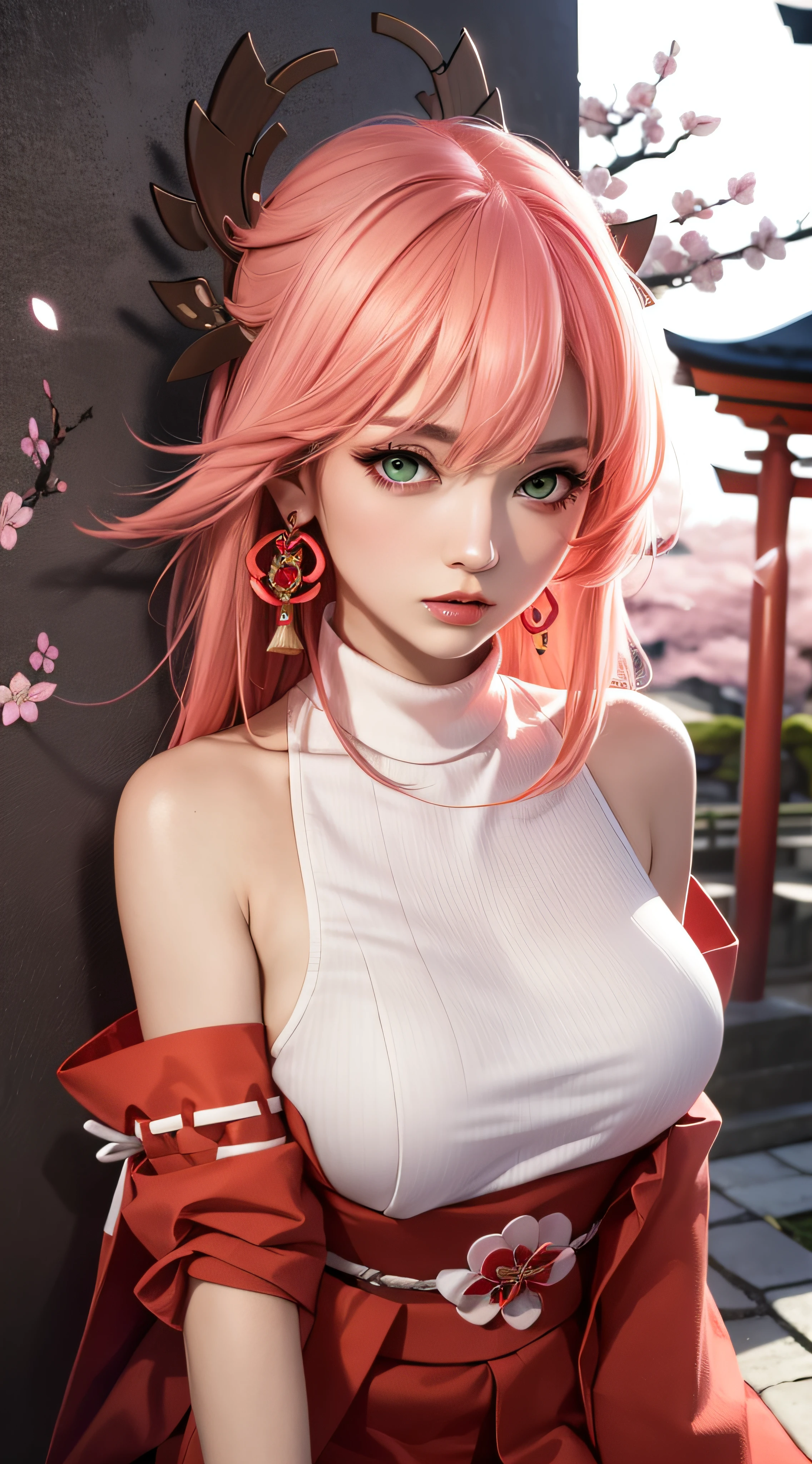 (Masterpiece, Excellent, 1girl, solo, complex details, color difference), realism, ((medium breath)), off-the-shoulders, big breasts, sexy, Yae Miko, long pink hair, red headdress, red highlight, hair above one eye, green eyes, earrings, sharp eyes, perfectly symmetrical figure, choker, neon shirt, open jacket, turtleneck sweater, against the wall, brick wall, graffiti, dim lighting, alley, looking at the audience, ((mean, seductive, charming)), ((cherry blossom background ))),((Japanese temple background)))), (((Glow-in-the-dark background)))