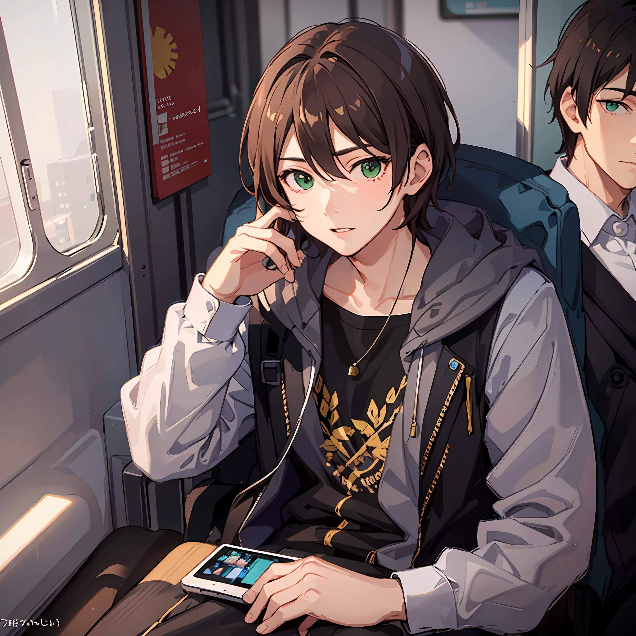 anime boy on the phone while sitting on a train - SeaArt AI