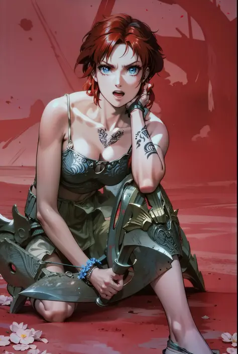 Boadicea, red-haired Viking warrior with Nordic armor and rune tattoos on her body and blooming blue eyes holding an axe, 4k