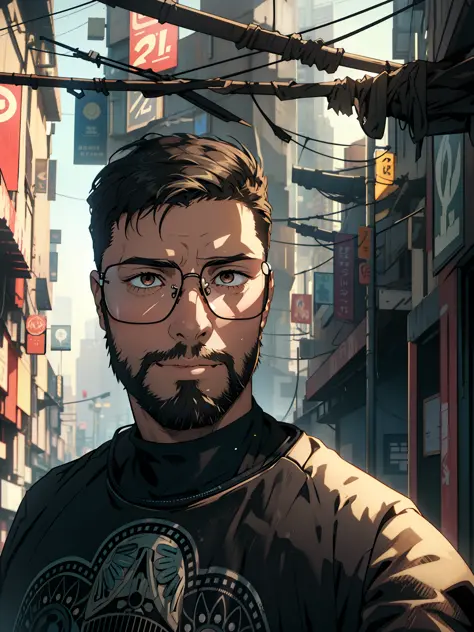 portrait of a handsome 35 year old male, mature man, short black hair, cyberpunk style haircut, wearing glasses, small beard, br...