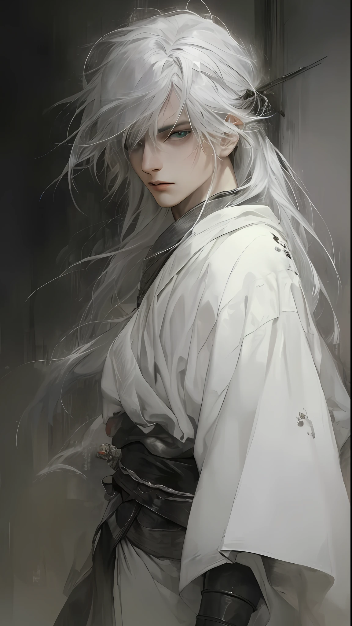 a close up of a person with a white hair and a sword，white-haired god，long  white hair，Long white hair，Guviz-style artwork，White hair，Guviz，handsome guy in demon killer art，beautiful character painting，by Yang J，whaite hair，Guvitz on the Pixif Art Station，anime figure，blue color eyes，Blood stains on the neck，kiss marks，Cold handsome guy