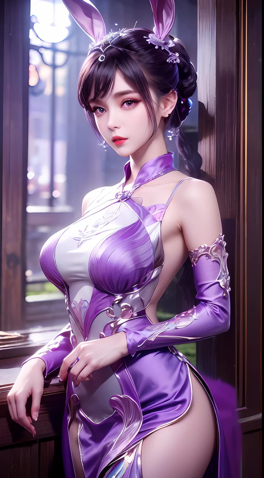 1 très belle fille en robe Hanfu, chemise fine en soie violette avec de nombreux motifs blancs, haut en dentelle blanche, longue frange et longue queue de cheval en platine violet, magnifiques bijoux de cheveux, joli visage et mignon, Visage impeccable, bijoux de boucle d&#39;oreille, oreilles de lapin violet clair, bijoux de cou, de grands yeux violets dessinés méticuleusement, maquillage minutieux, sourcils fins, nez haut, jolies lèvres rouges, aucun sourire, lèvres pincées, joues roses, seins larges, gros seins, buste bien proportionné, taille fine, chaussettes en maille violette, Style chinois hanfu, modèles d&#39;art fictif, couleurs vives et jambes réelles , Photo brute, photo réaliste, photo surréaliste 8k de très haute qualité, (effet de lumière fantastique: 1.8), 10x pixels, effet magique (arrière-plan): 1.8), yeux super détaillés , Portrait du haut du corps de belle fille, fille seule, ancient hanfu arrière-plan, regarder directement le public, Large photo originale, Qualité 8k, super pointu, image la plus détaillée et la plus claire, detailed light arrière-plan,