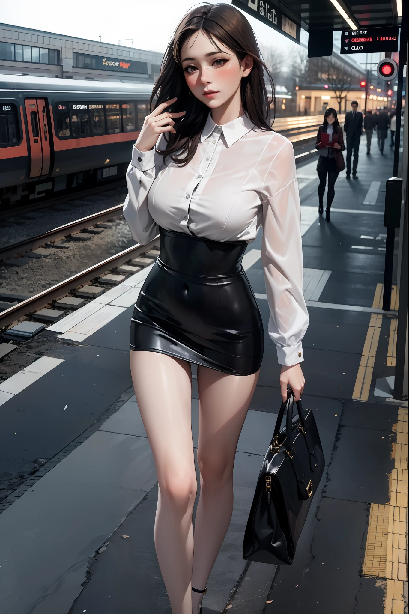 ((Best quality)), blurred (realism: 1.4, lifelike), high-detail CG unified 8K wallpaper, 1 girl, illuminated by soft light, high quality, (full-body shot), (outdoors, in a crowd), white suit, ultra-short pencil skirt, black stockings, golden-rimmed glasses, peep-toe high heels), large breasts, beautiful face, slim figure, model standing posture, shy and blushing, mature and intellectual.