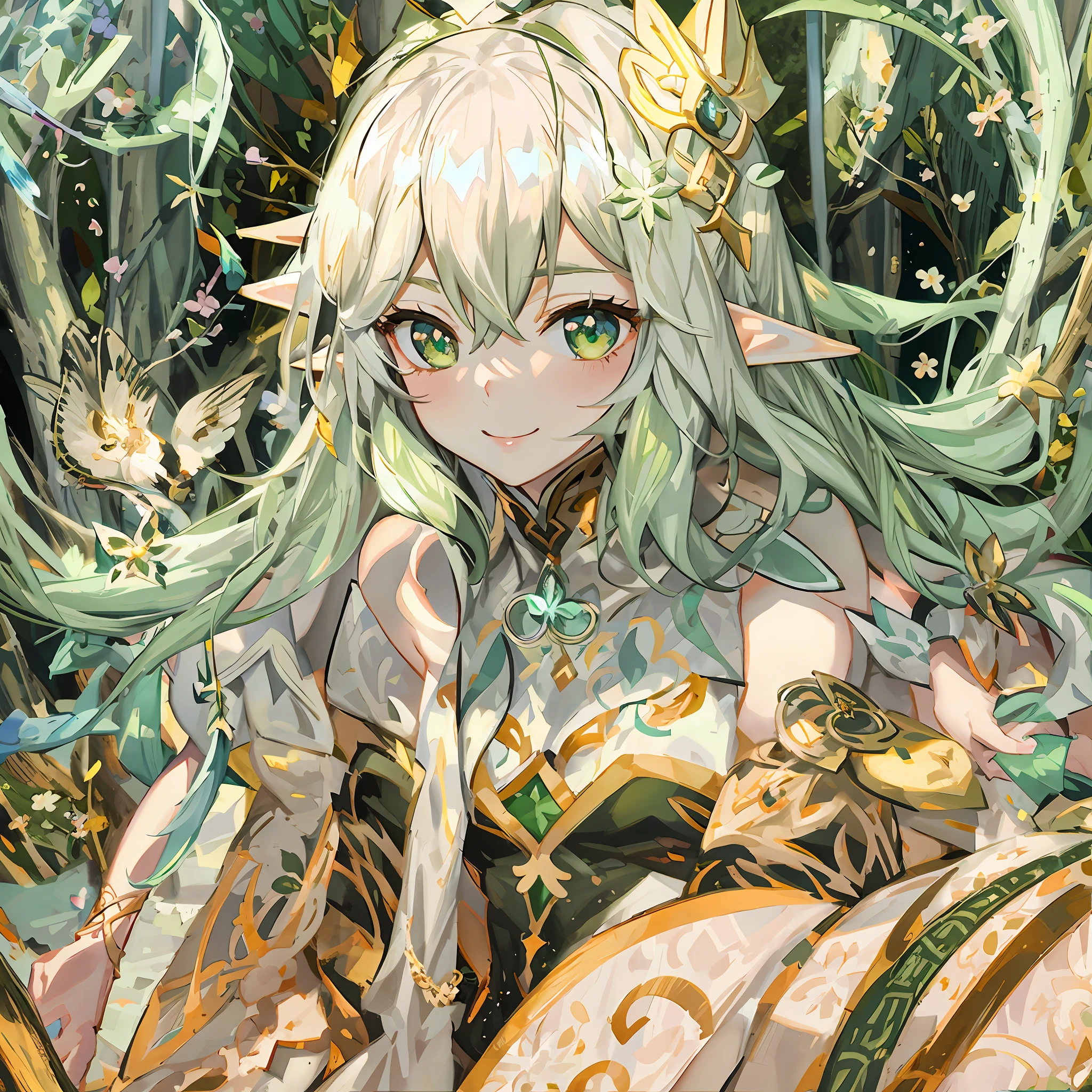 Anime girl with long white hair and green eyes sitting in chair, Elf Girl, elf girl wearing an flower suit, fey queen of the summer forest, smiling as a queen of fairies, An elf queen, she has elf ears and gold eyes, fairy queen, Elf Princess, offcial art, Keqing from Genshin Impact, goddess of nature, Genshin, alchemist girl