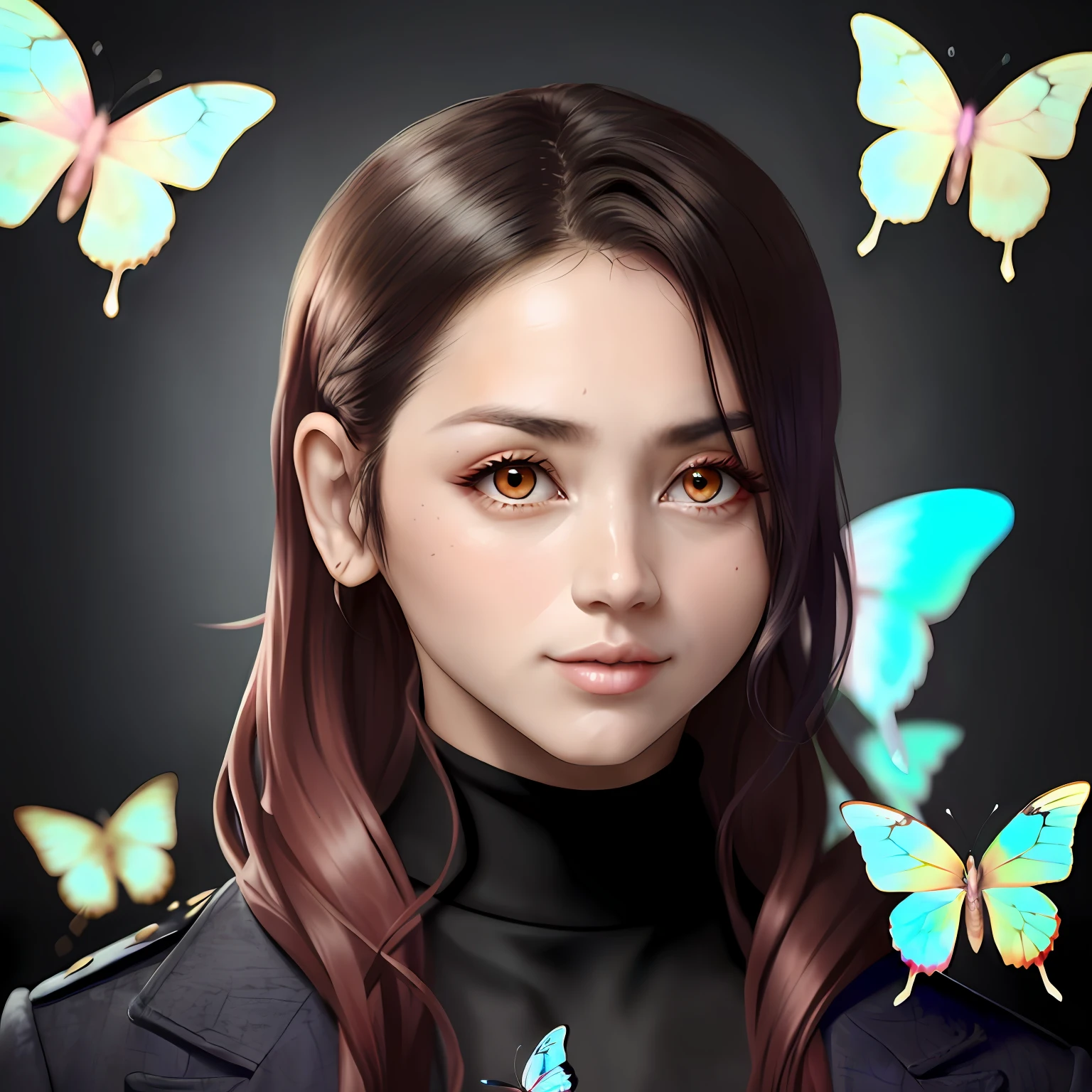 A mythical female character who can manipulate time，Both eyes are blocked by butterflies，There is a huge aura around