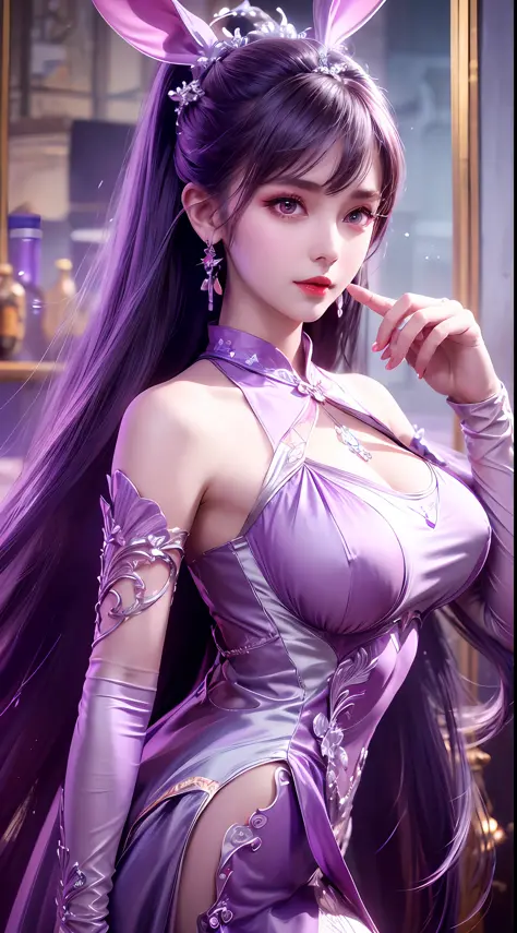 1 very beautiful girl in hanfu costume, thin purple silk shirt with many white motifs, white lace shirt, long bangs and a long p...