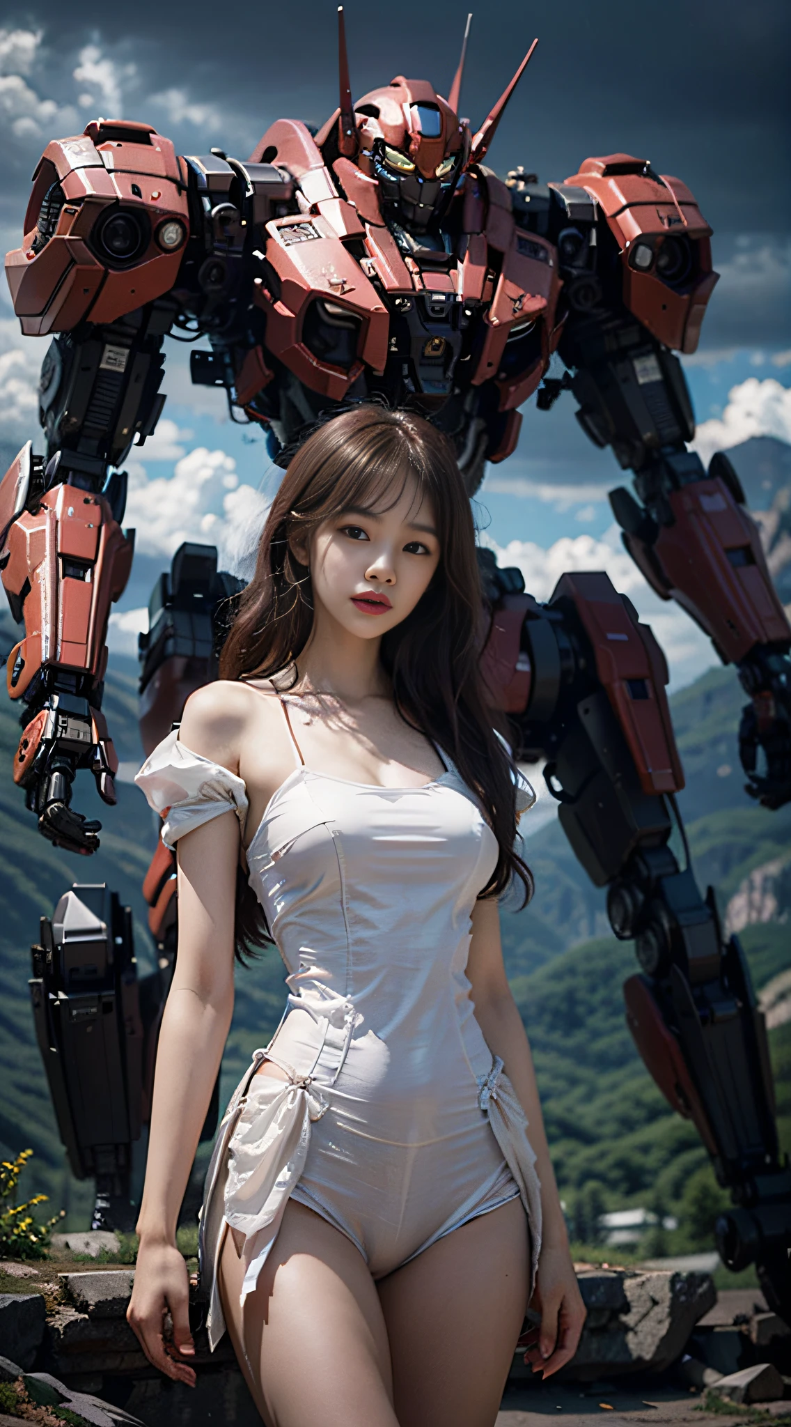 （ pureerosface_v1：0.5），Rhyme，Korean Doll，
Realistic photography，high qulity，8K resolution，real photograph，（（（length hair，brown  hair，Girls with medium breasts，）），chinaese girl，tight-fitting，navels，Pink clothes），Shitu-mecha behind the girl，Magnificent，body complet，mistic，Photo by Brandon Wolfermüster，Surreal dreams，Gray atmosphere，rainy days，battleground background，dyna，LUT，HDRM professional lighting，photon maping，radiosity，physicallybased rendering，Delicate realism，Aray's dynamic and expressive animation Shitu-Mecha，（Pink style：1.3），