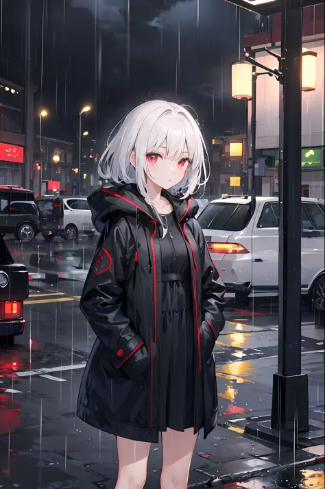 (night scene:1.3) (streetview:1.2) (rain:1.2) (Ambient:1.3) (1girl:1.1),coat large,Put your hands in your pockets,black color dress,white color hair,(It's raining:1.2),red color eyes.