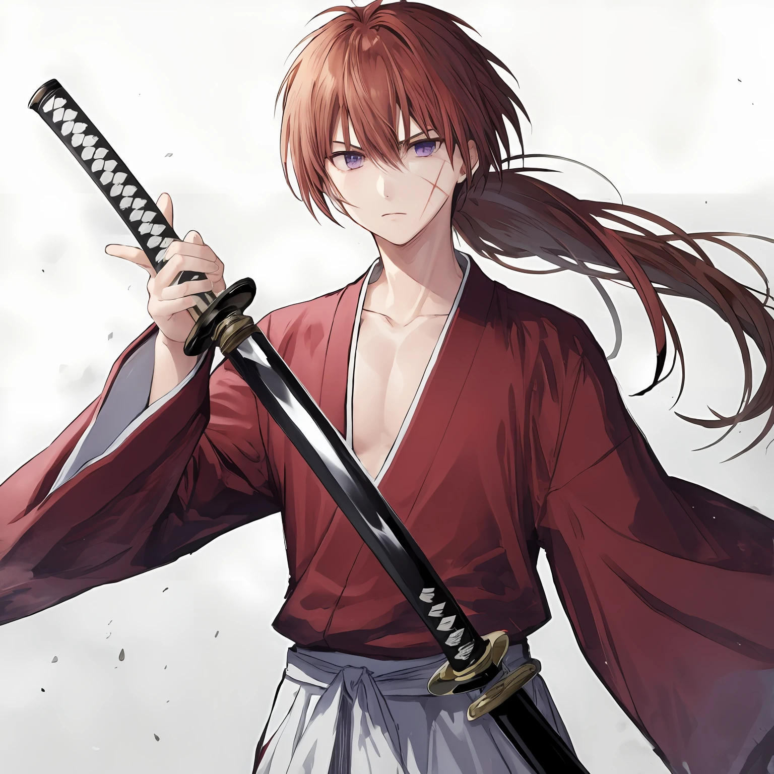 Kenshin Rk, seulement, cheveux longs, regarder le spectateur, fond simple, manches longues, 1garçon, fond blanc, holding, cheveux entre les yeux, bouche fermée, yeux violets, clavicule, queue de cheval, arme, foyer masculin, commun, épée, manches larges, kimono, tenant une arme, esquisser, cicatrice, tenant des épées, katana, fourreau, De même, cicatrice du visage, gainé, sérieux, Kimono rouge, fourreau, dégainer, cicatrice sur la poitrine、homme de fer(merveille)、Costume d&#39;homme de fer