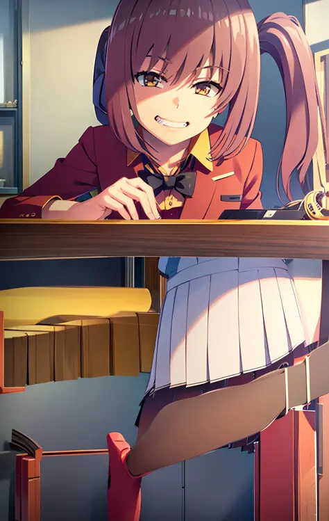 Amasawa ichika
a woman in red school uniform,pink - purpule hair, yellow eyes, classroom, tails hairstyle,  an evil grin, slim
m...