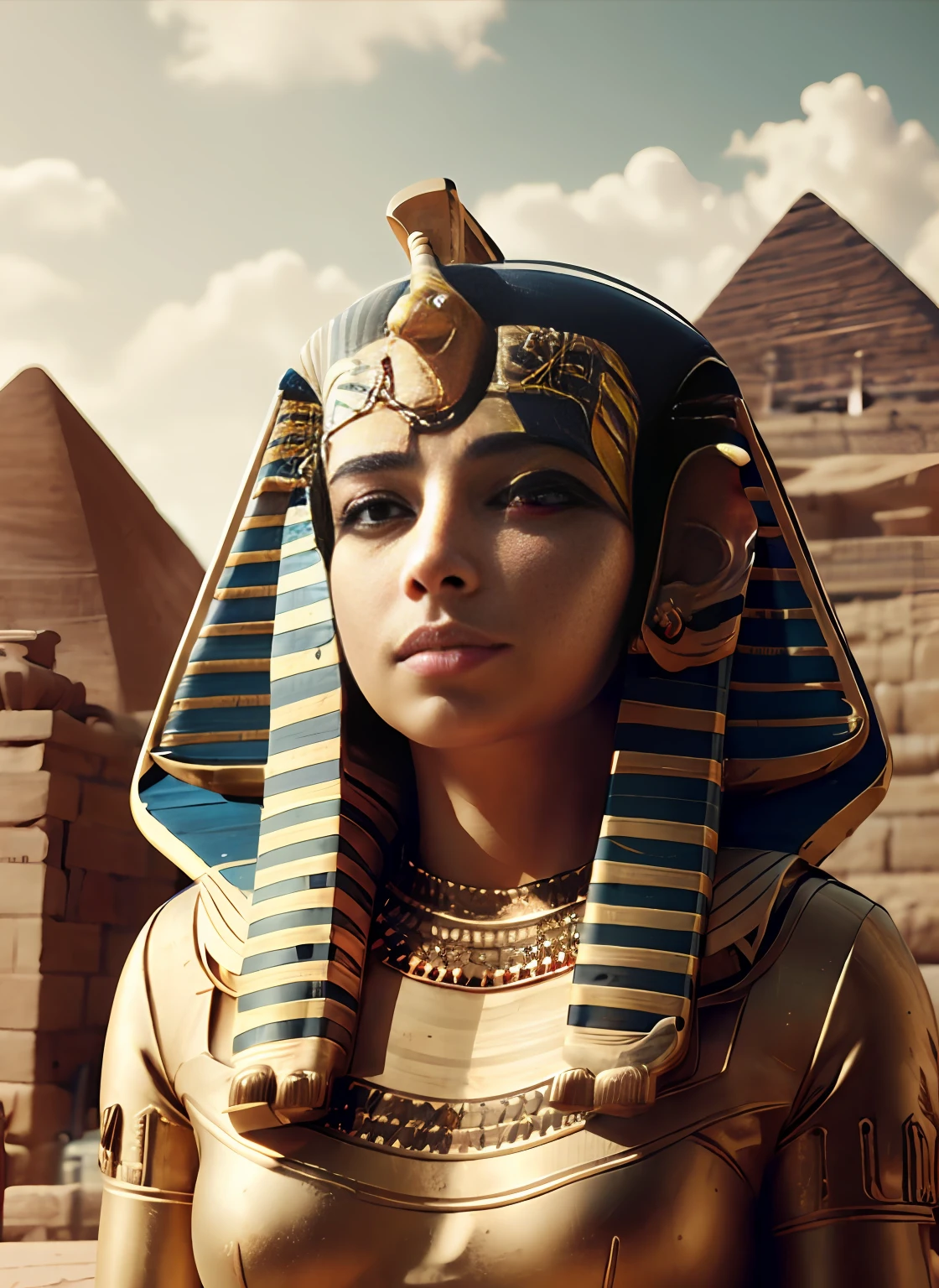 СФВ, фраза8, фараон, Женщины, грудастая,   (Головной убор фараона:1.5), Египетская одежда, египетский браслет, облачное небо, Стоя по стойке смирно, (верхний_тело), black волосы, Короткий_волосы, синий_глаза,  Серьезный, фотореалистичный, официальное искусство,чрезвычайно подробные обои CG Unity 8k, идеальное освещение,красочный, яркий_Передний_лицо_Осветительные приборы, (шедевр:1.0),(лучший_качество:1.0), сверхвысокое разрешение,4k,ультрадетализированный, фотография, 8К, HDR, Высокое разрешение, абсурд:1.2, 400 для порта Кодак, зернистость, размытый фон, боке:1.2, отблеск от линз, (яркий_цвет:1.2),