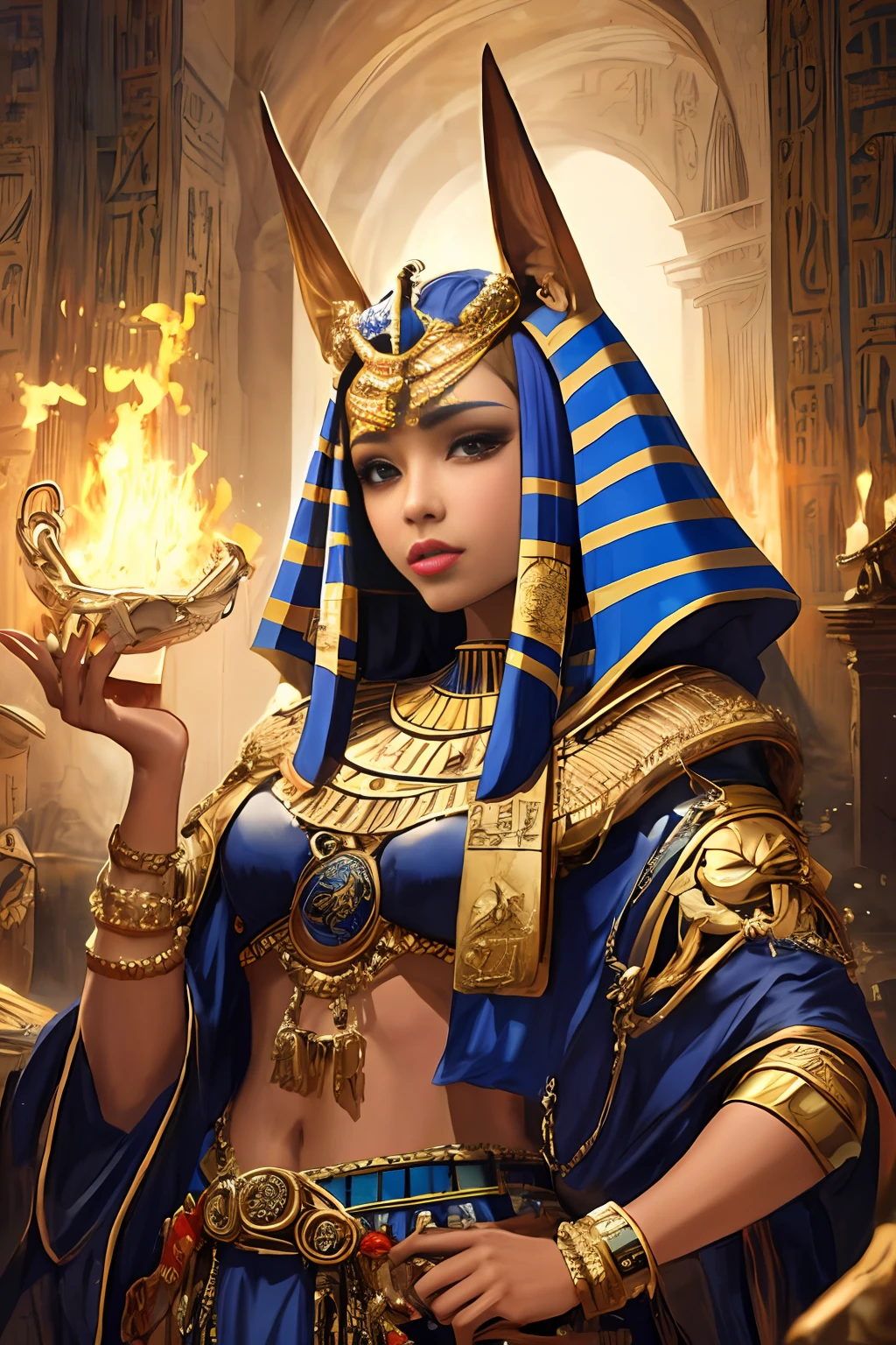 1female, busty, beqatiful, solo, portrait of godanubis with altar of fire, ornate, egypt, energy, aura, dust, debris,