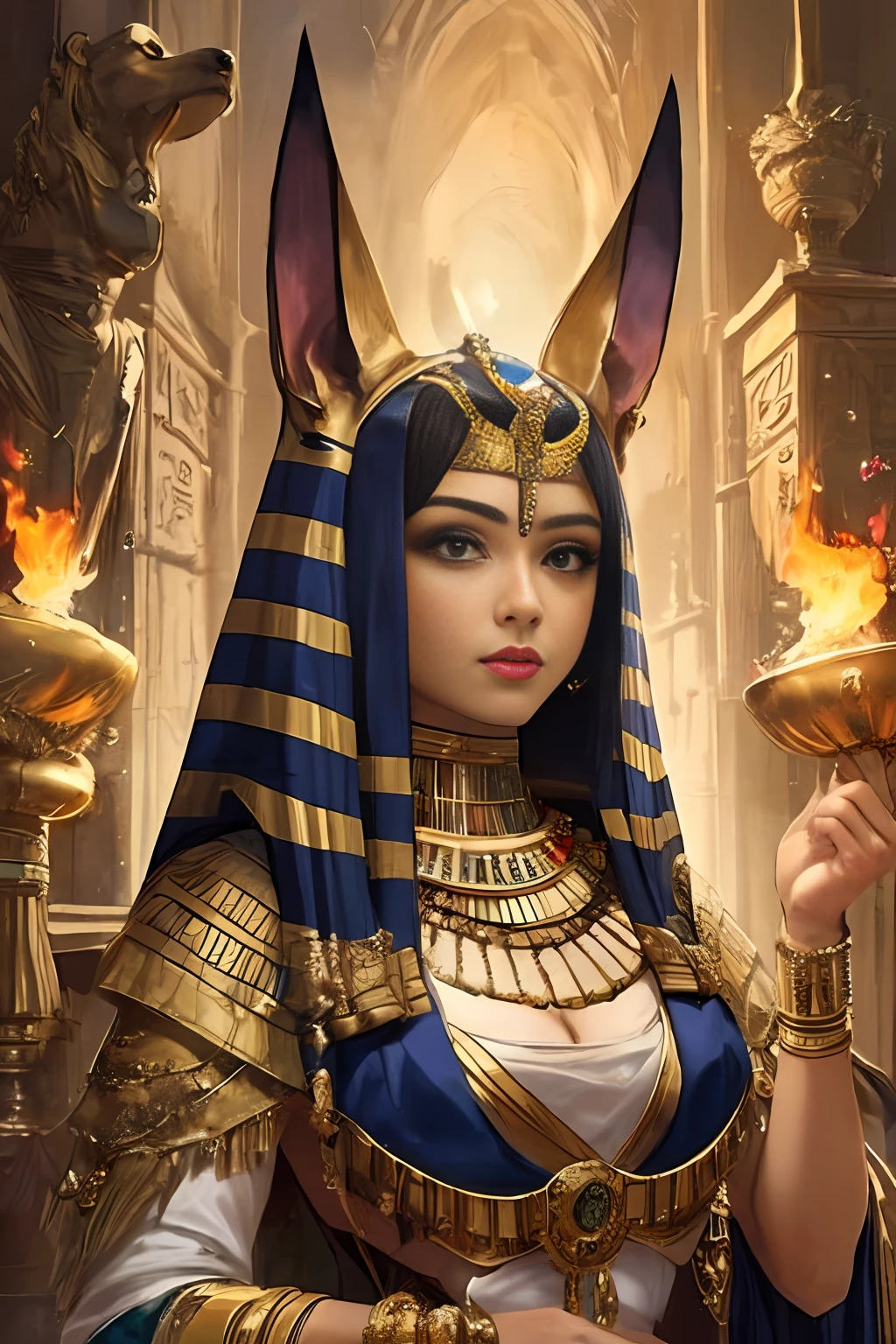 1female, busty, beqatiful, solo, portrait of godanubis with altar of fire, ornate, egypt, energy, aura, dust, debris,