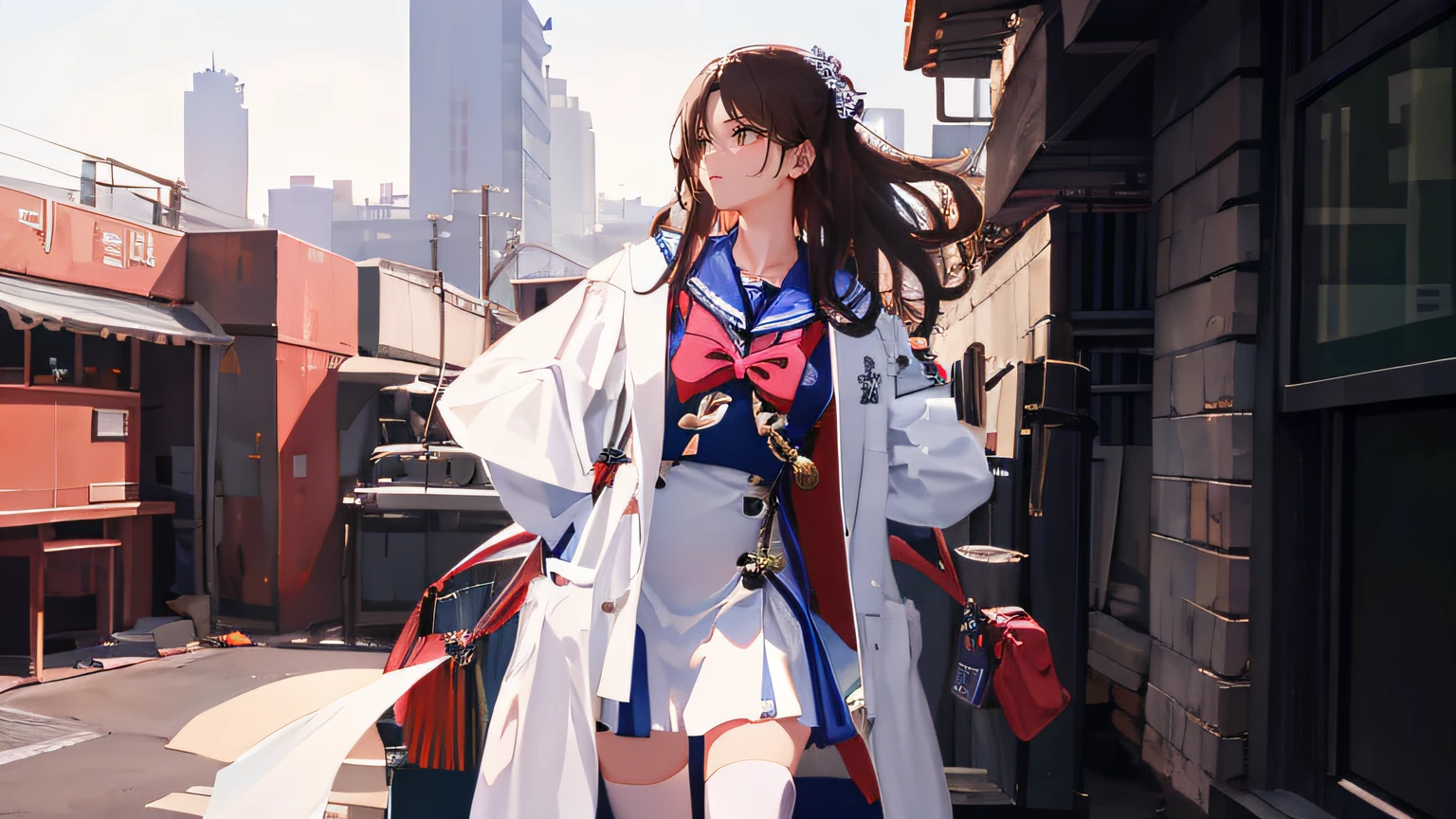 There was a woman in a white coat and black stockings, loose coat collar sailor uniform, full-body xianxia, wearing jacket and skirt, a purple and white dress uniform, portrait of female korean idol, Korean Idol, Cai Xukun, White coat, shaxi, female sailor uniforms, zmonzheng, sakimichan, official photo