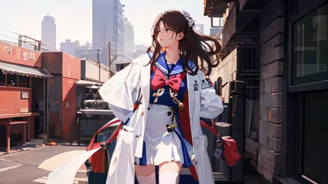 There was a woman in a white coat and black stockings, loose coat collar sailor uniform, full-body xianxia, wearing jacket and s...